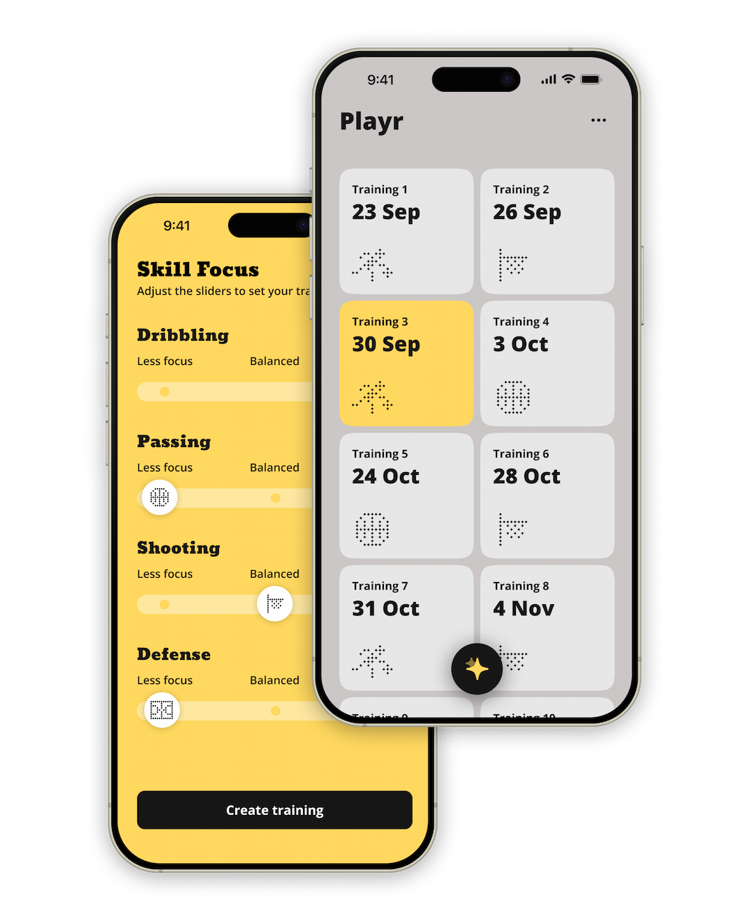 Playr App Interface showing training schedule and skill focus screens