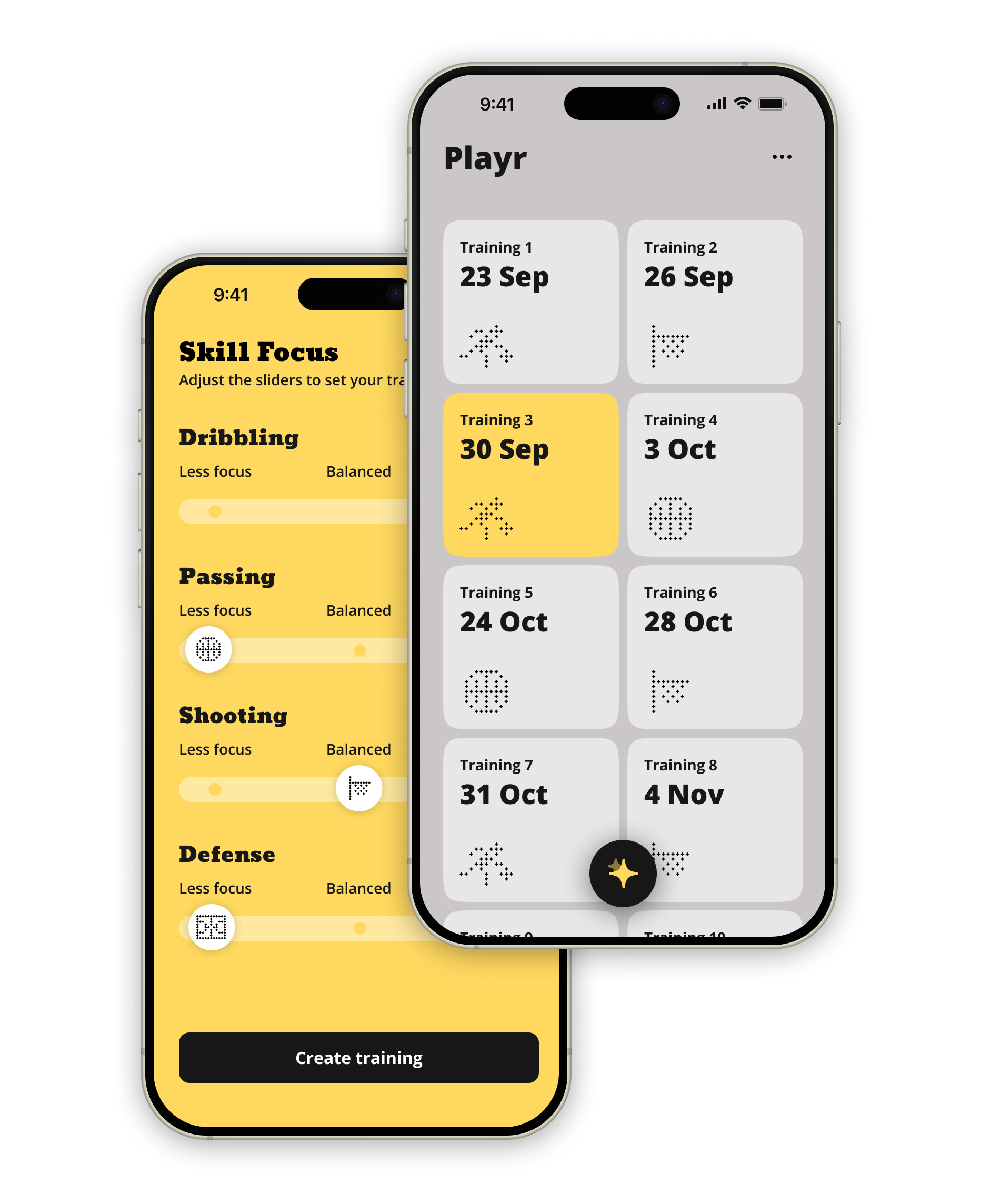 Playr App Interface showing training schedule and skill focus screens