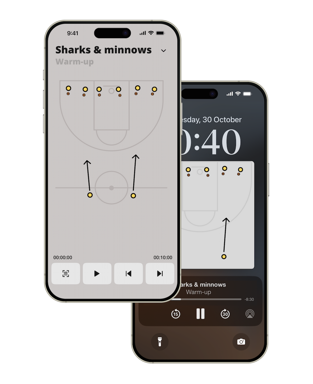 Playr App Interface showing basketball drill diagram and timer