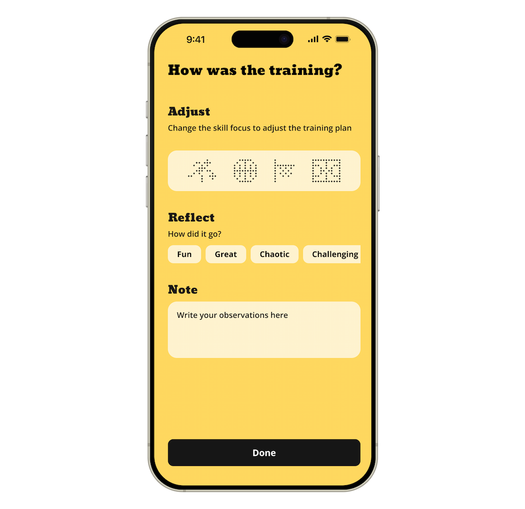 Playr App Interface showing training reflection form